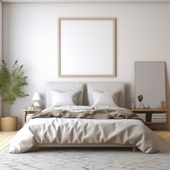 Blank picture frame in bedroom mockup, in bright grey  colours
