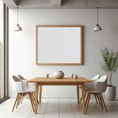 Blank picture frame in white dining area mockup, table and chairs and plant.