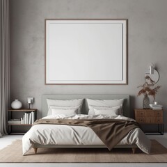 Blank white frame in a symmetrical bedroom 3d mock up. Brown and white colours