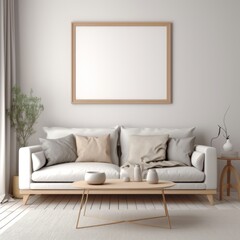 Blank white wooden picture frame in a  livingroom 3d mock up, sofa, table.