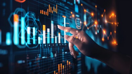 A hand pointing to a financial chart on a dark background, indicating data analysis and financial assessment, Ai Generated