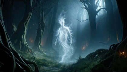 A captivating digital artwork depicting an ethereal glowing spirit floating through a dense, foggy forest, creating a mystical atmosphere.