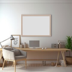 One blank white frame in a home study room with computer laptop 3d mockup