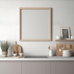 Fototapeta premium One blank white frame in a symmetrical kitchen 3d mock up, grey colours