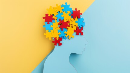 Colorful jigsaw puzzle pieces coming together to form the silhouette of a kid's head, Ai Generated