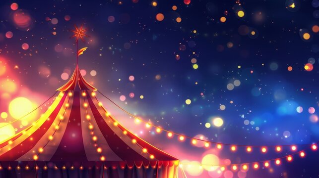 A circus tent illuminated with lights at night, showcasing the cirque facade and festive attraction, Ai Generated