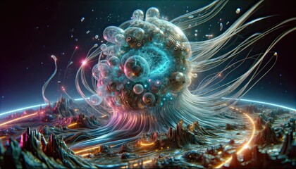 A surreal, glowing cosmic entity with swirling tendrils and orbs floats above a vibrant alien cityscape under a starry sky.