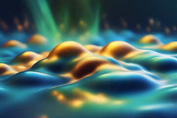 Various stains and overflows of gold particles in blue fluid with green tints. Golden particles dust and smooth defocused background. Liquid iridescent shiny backdrop with depth of field