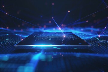 3D rendering, digital tablet with data and network connections on dark background.