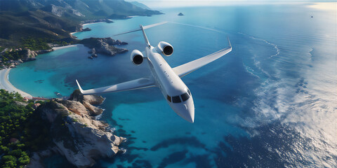 Fototapeta premium Luxury private jet flying above the sea. Summer holiday theme background