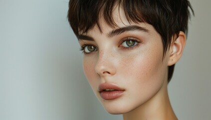 A minimalistic pixie cut with soft edges and precise angles, exuding effortless sophistication.