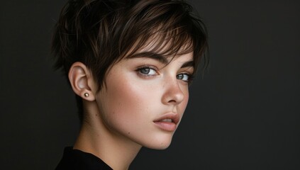 A minimalistic pixie cut with soft edges and precise angles, exuding effortless sophistication.