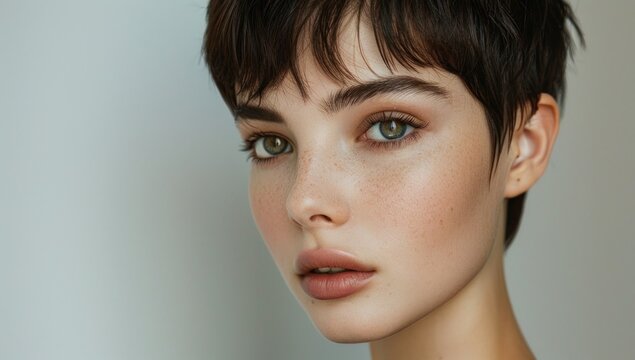 A minimalistic pixie cut with soft edges and precise angles, exuding effortless sophistication.