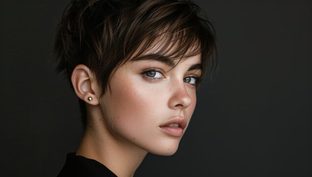 A minimalistic pixie cut with soft edges and precise angles, exuding effortless sophistication.