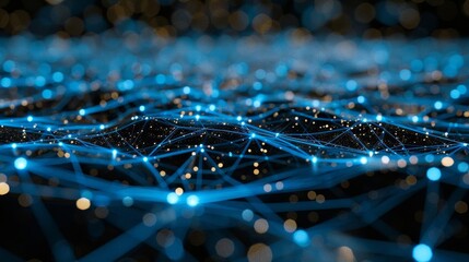 Obraz premium Intricate network mesh with deep blue nodes, illustrating complex data connections and internet infrastructure