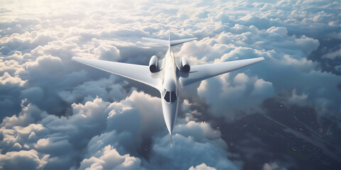 Luxury private jet flying above the sea of clouds. Summer holiday theme background