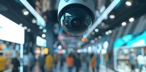 Close up of cctv camera view inside store, with people in the background.