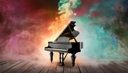 The piano is smoking with multi-colored smoke