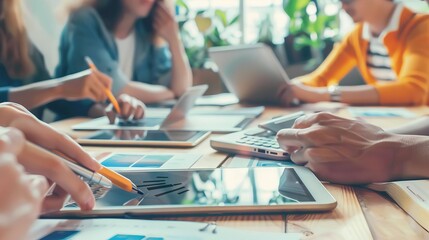 Obraz premium Team of professionals using digital devices for collaborative work