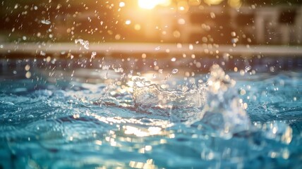 bright side view of a pool water surface with a splash in the water. Beautiful abstract background concept banner.