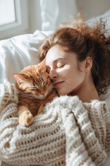 A contented woman is snuggling with a ginger cat in a cozy bed, creating a heartwarming scene of love, comfort, and peaceful relaxation, conveying the special bond between a pet and its owner.