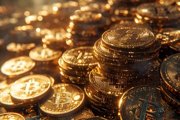 반짝이는 비트코인 ​​마크가 새겨진 황금 동전이 가득 들어있습니다.