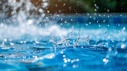 bright side view of a pool water surface with a splash in the water. Beautiful abstract background concept banner.