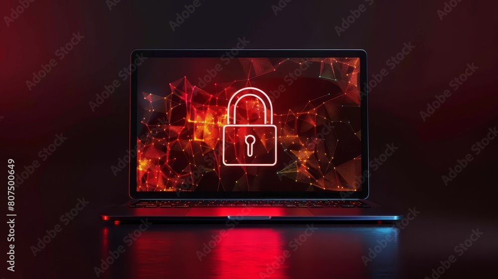 Poster a laptop with a digital padlock displayed on the screen, symbolizing cyber security and data protect