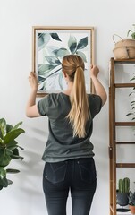 A woman is hanging up a watercolor painting of leaves in a wooden frame on a white wall, with plants and a ladder nearby