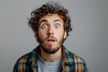 Obraz premium A curly-haired man wearing a checkered blouse is very surprised and his eyes are wide open.