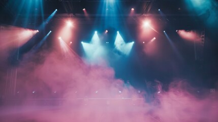 An empty concert stage with illuminated spotlights and smoke, Ai Generated