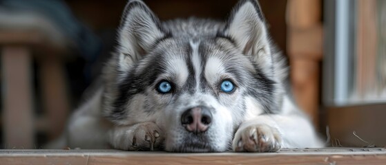 A husky is lying close to the living room floor, looking at its owner with its blue eyes.