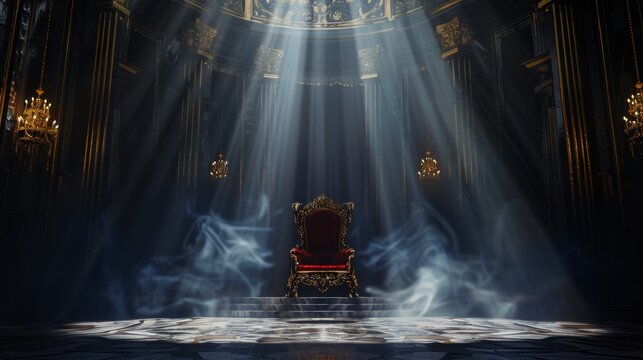 An empty royal throne in a dark castle hall, creating a fantasy medieval setting, Ai Generated