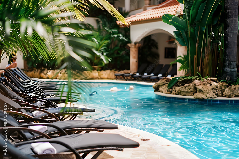 Wall mural Swimming pool and sun loungers at stylish tropical spa hotel, summertime banner mockup. Summer travel sales and vacation concept.