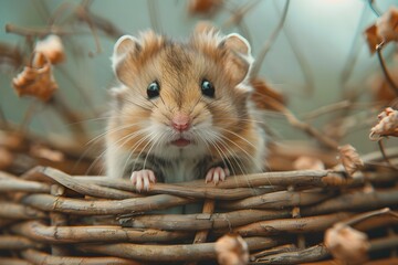 Cute little hamster sticking its head out of a basket with dry grass