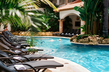 Swimming pool and sun loungers at stylish tropical spa hotel, summertime banner mockup. Summer...