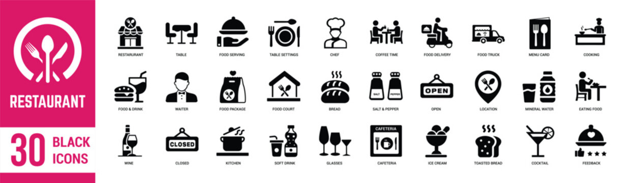 Restaurant solid icons set. Restaurant, menu, cooking, drink, chef, table, cafeteria, wine, dish and eating. Vector illustration