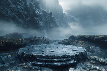 Empty stylish dark menly stone podium 3D mockup background for beauty product presentation concept. Copy space platform surrounded by rocks mountains fog . Cosmetics, perfume sales advertising stand