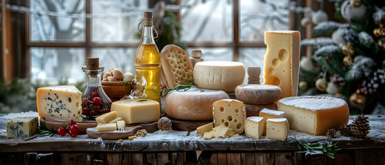 Fototapeta premium 다양한 치즈와 유제품이 테이블 위에 진열되어 있습니다.