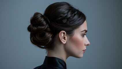 A sophisticated bun with subtle twists and turns, capturing minimalist allure in monochromatic hues.