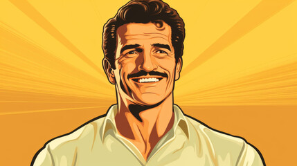 A man with a mustache is smiling in a yellow background