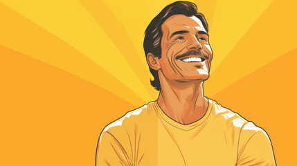 A man with a big smile on his face is wearing a yellow shirt