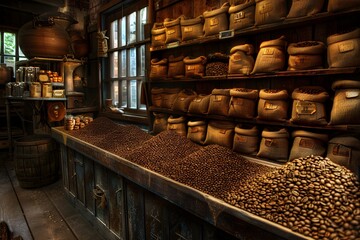 A coffee bean specialty store with a variety of coffee beans on display.