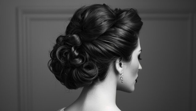 A sophisticated updo with cascading curls, portrayed in timeless black and white allure.