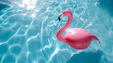 Fototapeta premium Top view of shadow on pool water surface with a inflatable pink flamingo floating in the water. Beautiful abstract background concept banner.