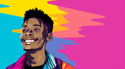 A man with a big smile on his face is looking up at the sky