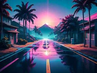 3D Background Illustration Inspired by 80's Scene, synthwave and retrowave music.