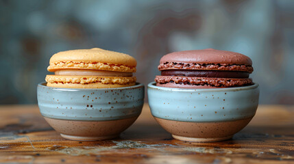 macaroons on a wooden background,
 A Table Topped with Two Bowls Filled with Macaro - Powered by Adobe