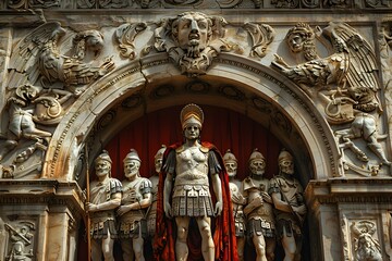 중세시대 장군과 기사들이 정렬해 있는 돌 조각상이 새겨진 건물