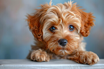 Cute brown puppy sitting on the desk